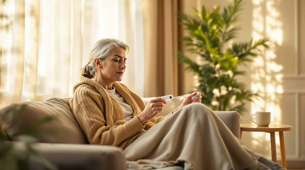 Grauhaarige Frau, in eine Decke gehüllt auf einem Sofa, sichtlich krank, hält ein digitales Fieberthermometer im warmen Tageslicht