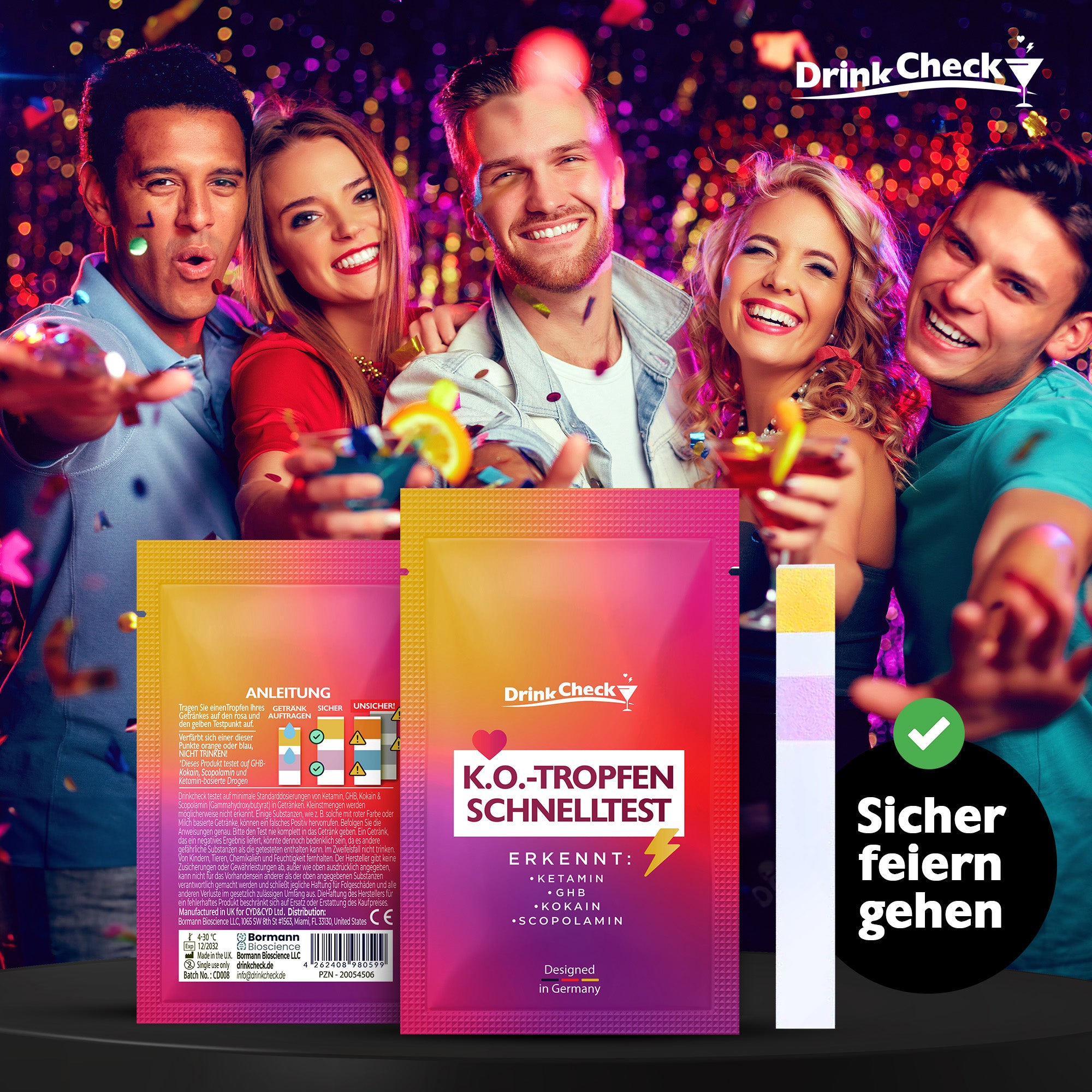 DrinkCheck Date Rape Drug Rapid Test for Detection of Ketamine, GHB, Scopolamine and Cocaine