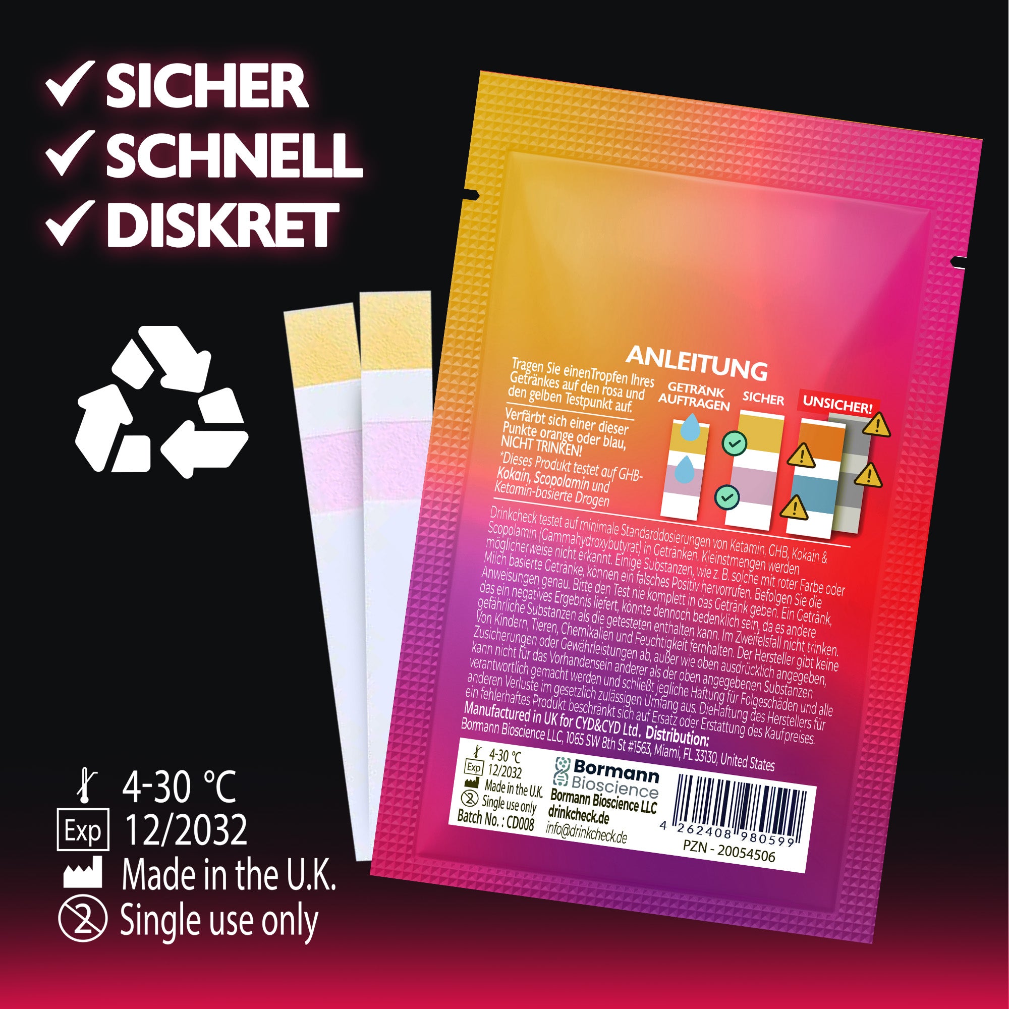 DrinkCheck Date Rape Drug Rapid Test for Detection of Ketamine, GHB, Scopolamine and Cocaine