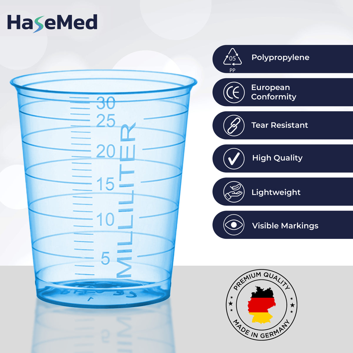 Eigenschaftsgrafik für HaseMed Medizinbecher mit 30 ml. Farbe: blau. Verkauft werden 80 Becher einer ausgewählten Farbe, ohne Deckel.