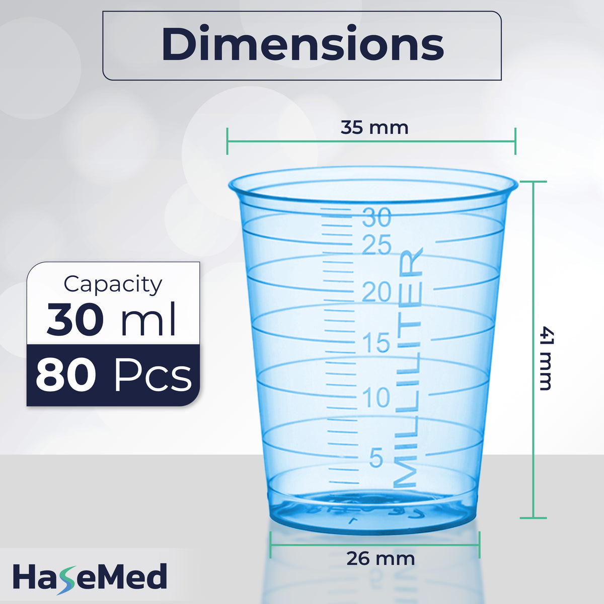 Maßgrafik eines HaseMed Medizinbechers mit 30 ml. Farbe: blau. Verkauft werden 80 Becher einer ausgewählten Farbe, ohne Deckel.