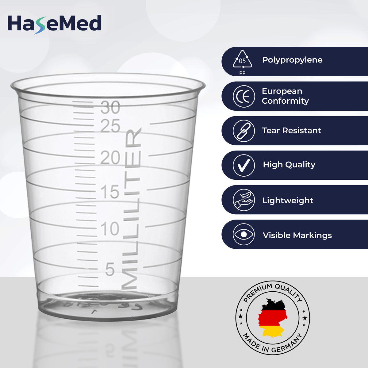 Eigenschaftsgrafik für HaseMed Medizinbecher mit 30 ml. Farbe: transparent. Verkauft werden 80 Becher einer ausgewählten Farbe, ohne Deckel.