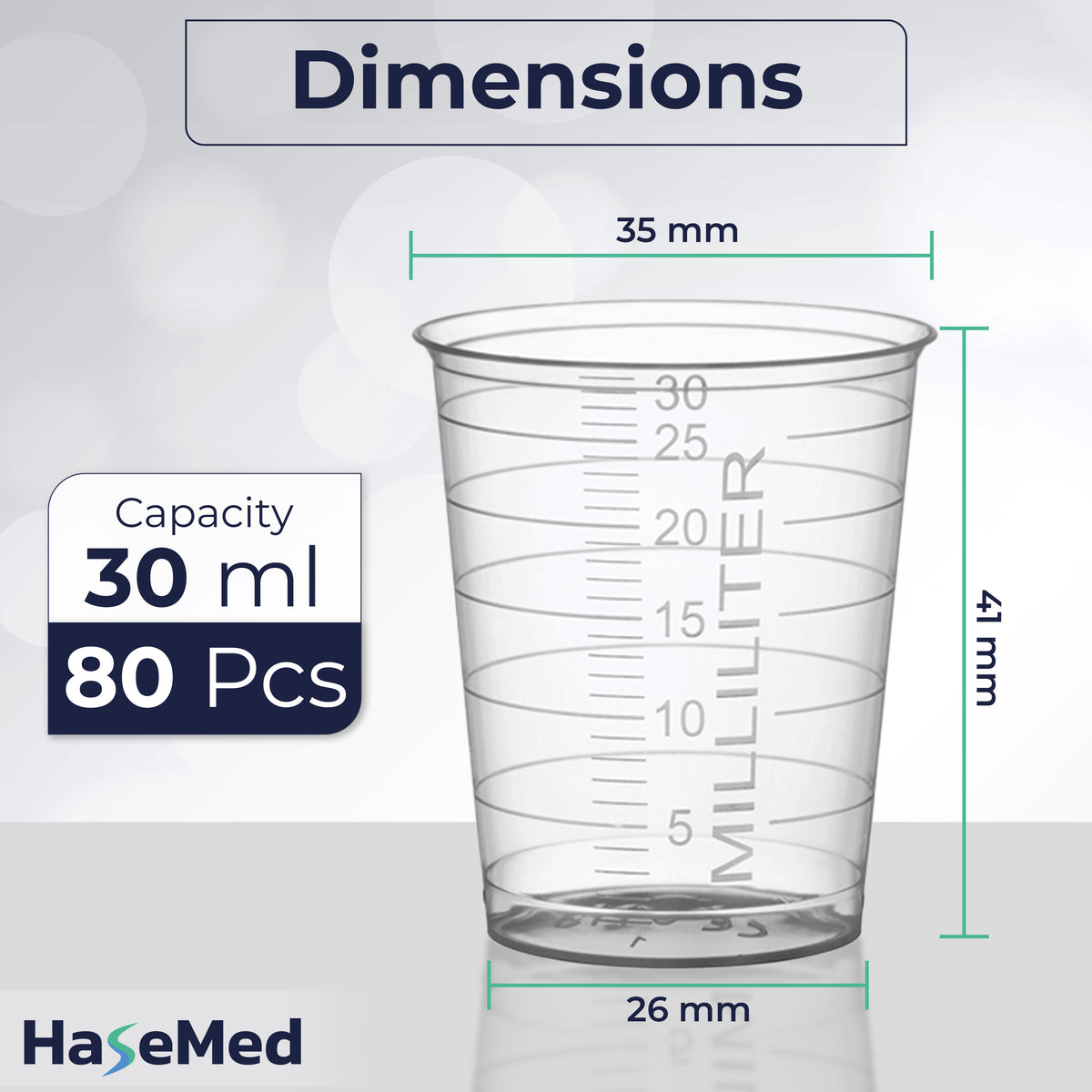 Maßgrafik eines HaseMed Medizinbechers mit 30 ml. Farbe: transparent. Verkauft werden 80 Becher einer ausgewählten Farbe, ohne Deckel.