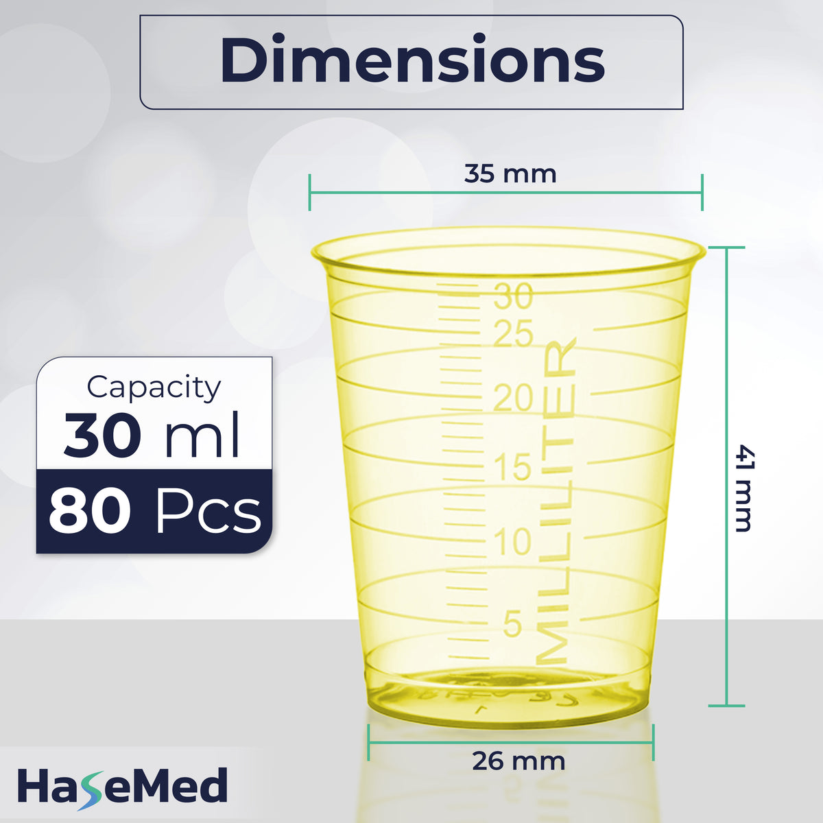 Maßgrafik eines HaseMed Medizinbechers mit 30 ml. Farbe: gelb. Verkauft werden 80 Becher einer ausgewählten Farbe, ohne Deckel.