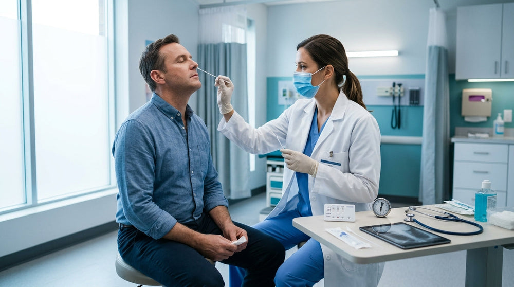 Doctor performing a nasal swab for a 12-in-1 rapid test detecting Mycoplasma, Legionella and pneumococcus | parahealth