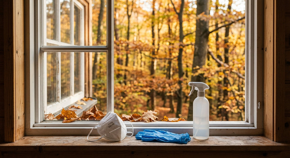 FFP2 respirator and gloves on a cabin windowsill in an autumn forest - Hantavirus prevention guide | parahealth