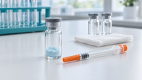 Unbeschriftetes Vial mit hellblauem lyophilisiertem Peptidpulver, eine U-100-Insulinspritze und sterile Gaze auf einer weißen Laborbank