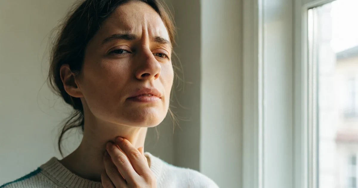 Woman with a sore throat at a window – how long tonsillitis stays contagious