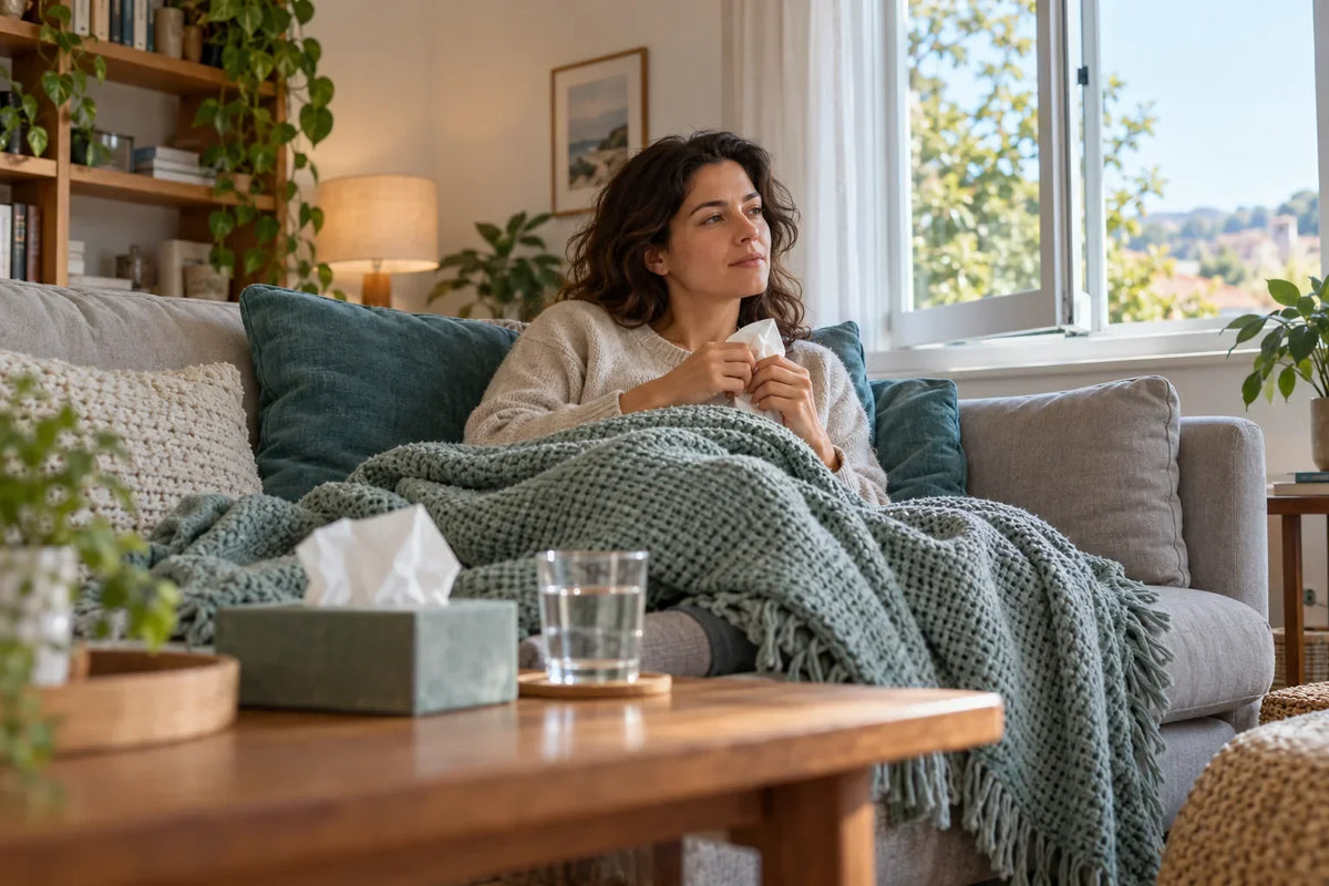 Eine erwachsene Person sitzt mit einer Decke, Taschentüchern und einem Glas Wasser auf einem Sofa.