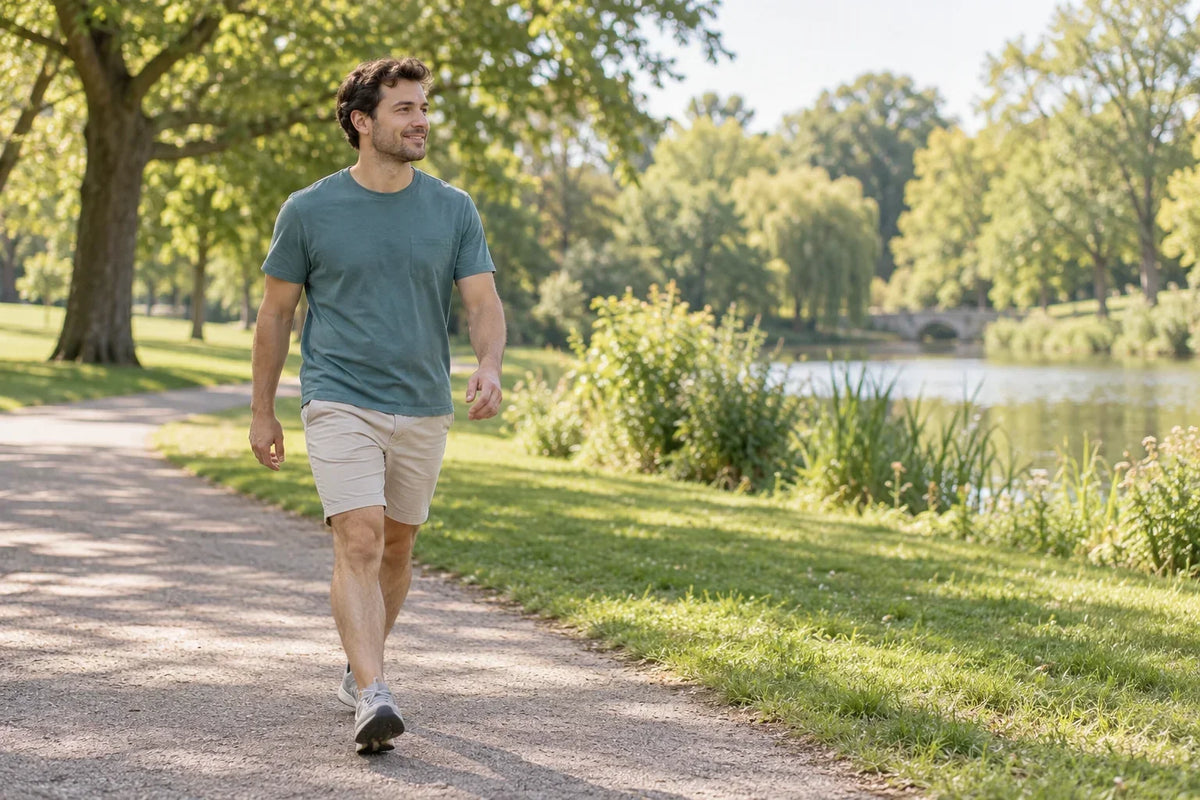 Ein erwachsener Mann macht als Teil alltäglicher körperlicher Aktivität einen entspannten Spaziergang durch einen grünen Park.