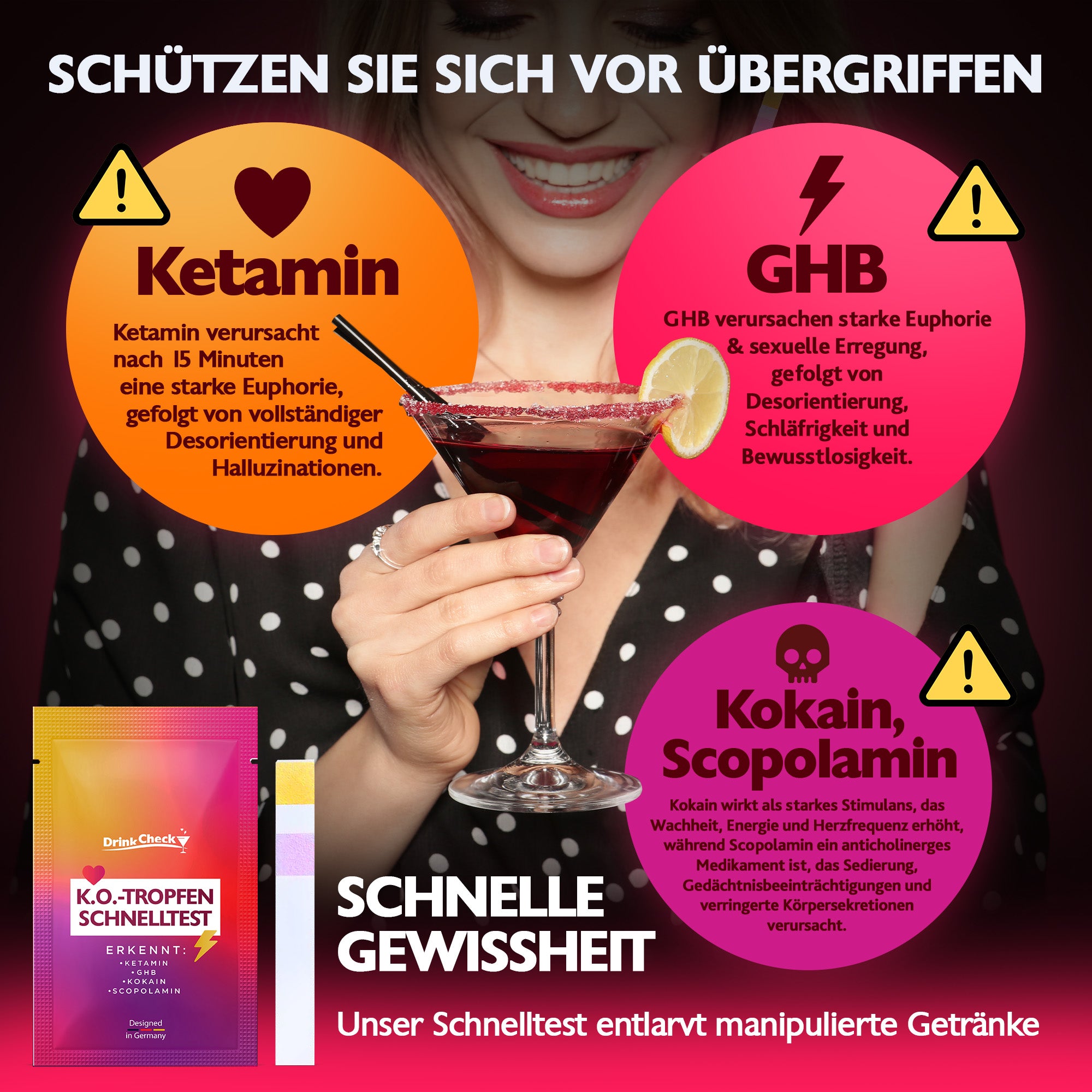 DrinkCheck Date Rape Drug Rapid Test for Detection of Ketamine, GHB, Scopolamine and Cocaine