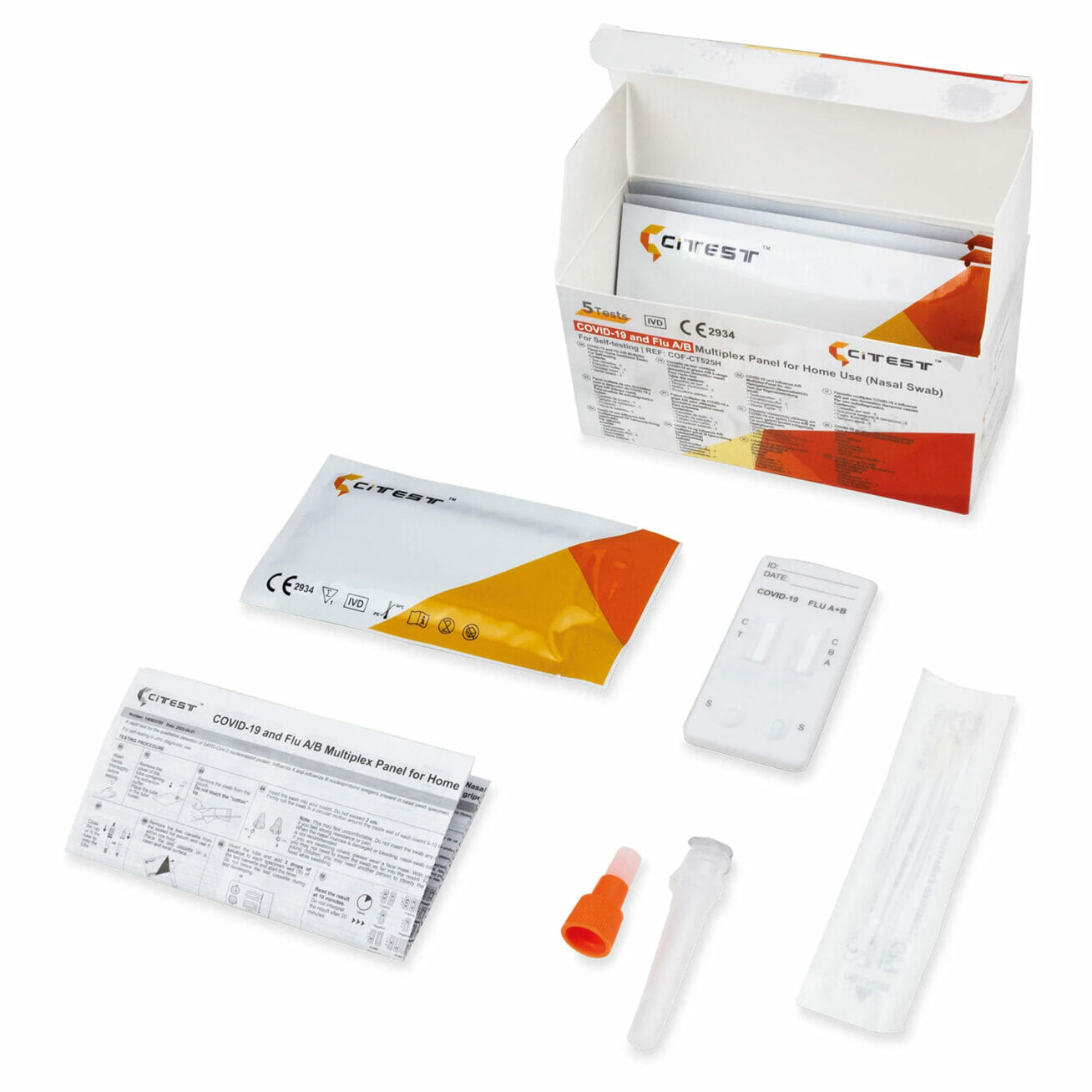 CITEST COVID-19 and Influenza A/B Antigen Rapid Combo Test (Swab) Home Test Nasal - 5-Pack