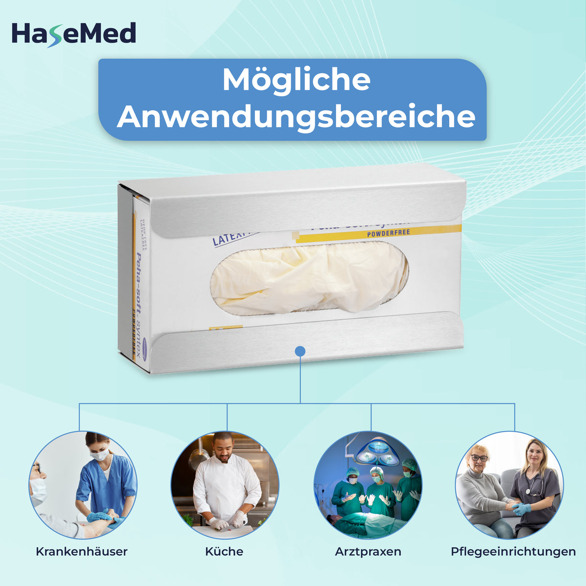 HaseMed HAS-30 Edelstahlhalter mit Feder für eine Handschuhbox, mit einer Box und Anwendungsbeispielen dargestellt. Geliefert wird ein Halter. Handschuhe und Boxen sind nicht enthalten.