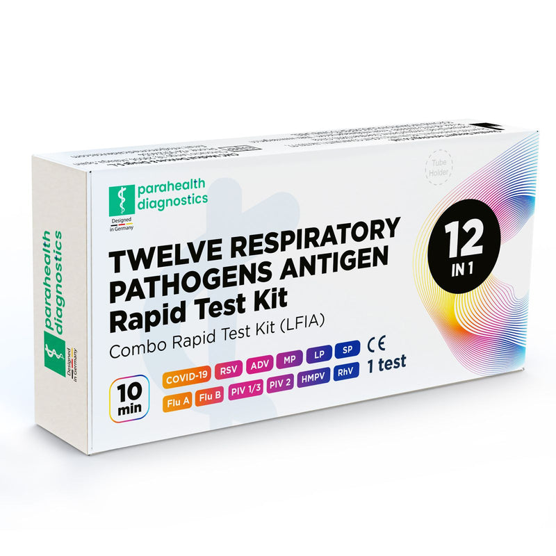 parahealth diagnostics 12-in-1 Respiratory Multitest cassette with six dual-detection windows for COVID-19, Influenza A/B, RSV, Adenovirus, Mycoplasma pneumoniae, HMPV, Rhinovirus, Parainfluenza 1/3 and 2, Streptococcus pneumoniae and Legionella pneumophila