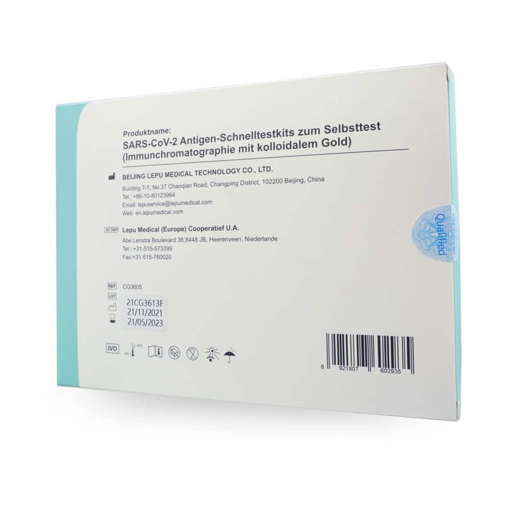 Lepu Medical SARS-CoV-2 Antigen-Schnelltestkits für Laien nasal CE0197 5er Rückseite