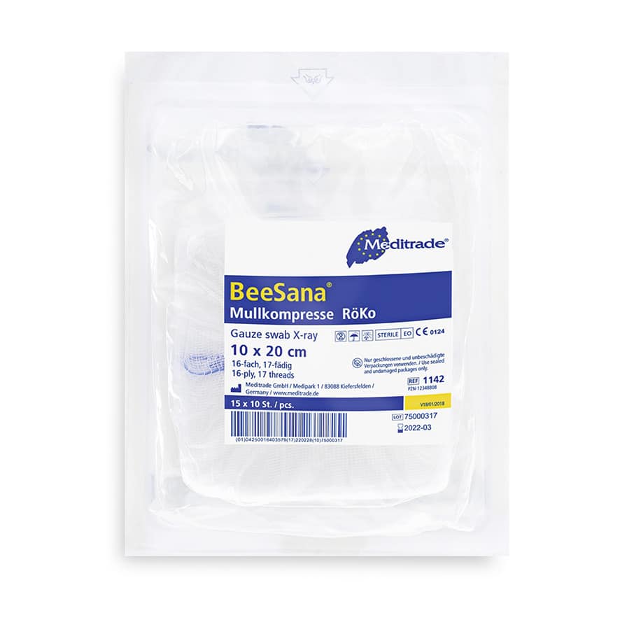 BeeSana® Mullkompresse, RöKo, unsteril, 16-fach, 10 x 20 cm, 1 Packung =  100 Stück